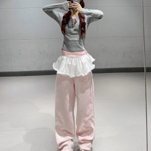 Girl Group Jazz Dance Outfit - Long Sleeve Fake Two-Piece Top & Pink Ruffled Sports Pants - Trendy Performance Wear