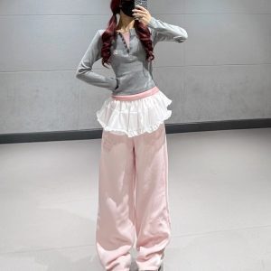 Girl Group Jazz Dance Outfit - Long Sleeve Fake Two-Piece Top & Pink Ruffled Sports Pants - Trendy Performance Wear