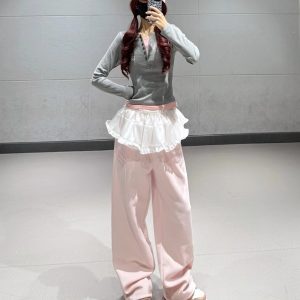 Girl Group Jazz Dance Outfit - Long Sleeve Fake Two-Piece Top & Pink Ruffled Sports Pants - Trendy Performance Wear