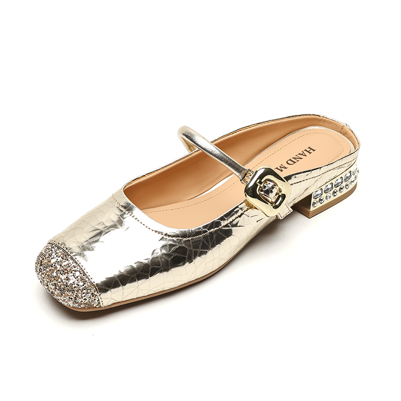 Gold Sequin One-Strap Mary Jane Closed-Toe Half-Sandals for Women - Little Lambskin Summer Footwear