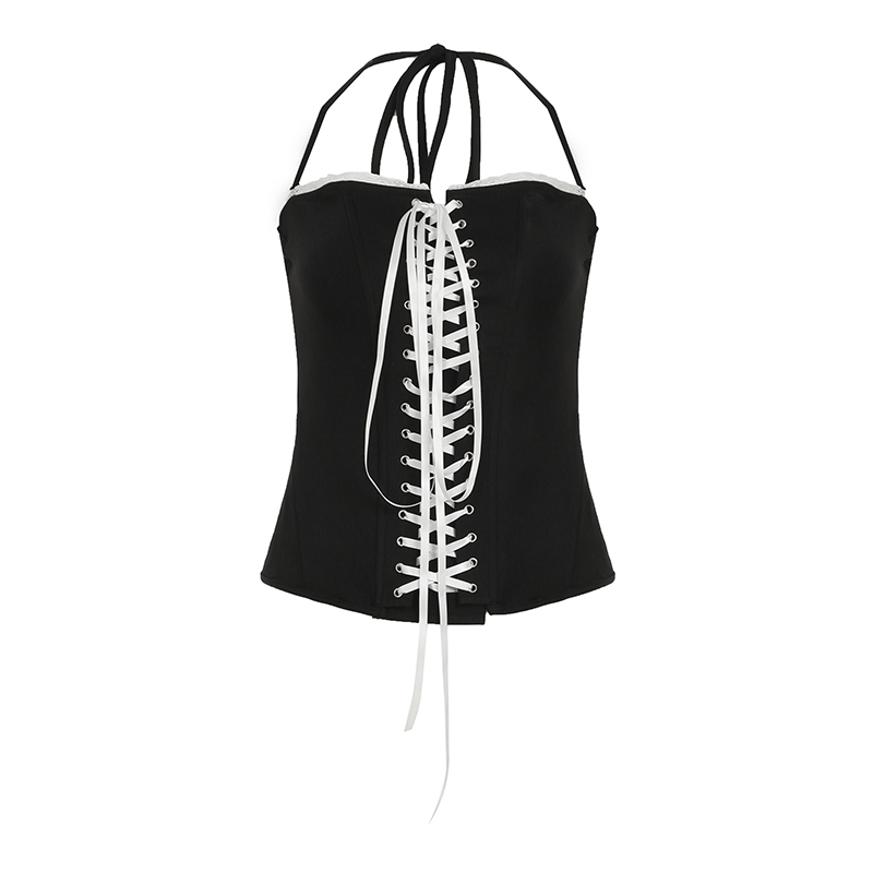 Gothic Battle Angel Outfit with Eyelet Strap Neckline Bustier and Color-Block Tulip Skirt – Y2K Dark Fashion Ensemble