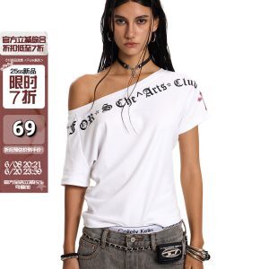 Gothic Cross Off-Shoulder T-Shirt for Women - Summer Loose Slim Fit Top with Short Sleeves for Spicy American Style