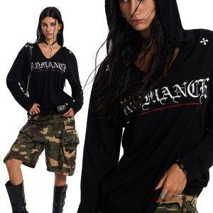 Gothic Style Hooded Shirt for Summer, Sun Protection, Loose Fit, American Baddie Dance Jazz, Lightweight Air-Conditioned Top