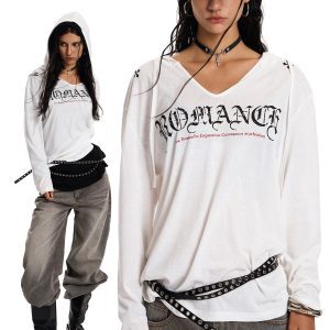 Gothic Style Hooded Shirt for Summer, Sun Protection, Loose Fit, American Baddie Dance Jazz, Lightweight Air-Conditioned Top