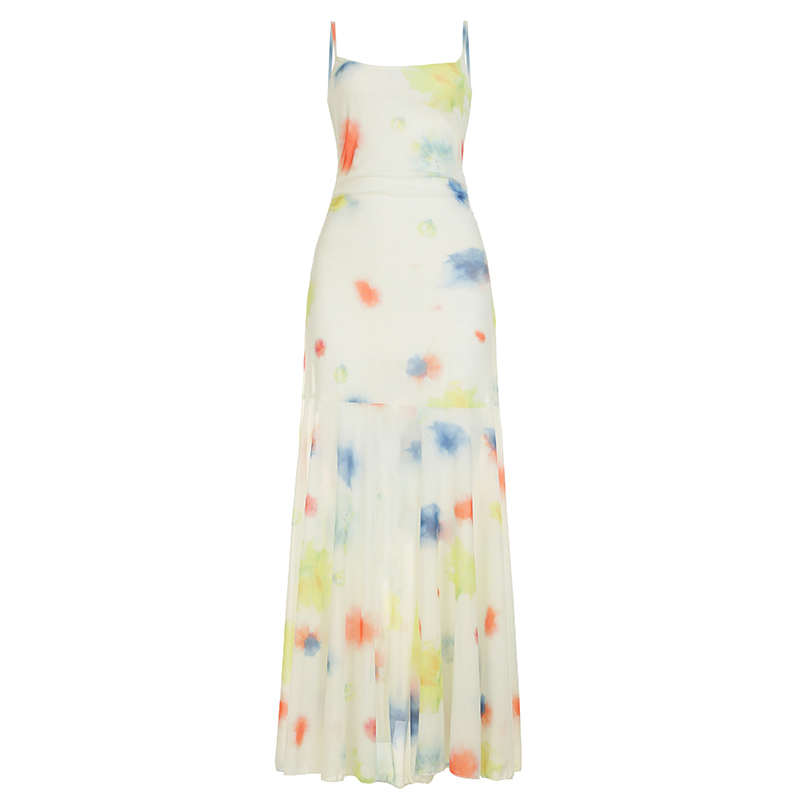 Gradient Floral Spaghetti Strap Long Dress - Summer Sexy Flowing Mesh Dress for Seaside Vacation Style, Perfect for Y2K Fashion