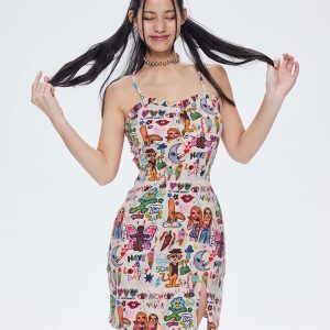 Graffiti Print Camisole Dress with Inner Skirt - Trendy Short Dress for Y2K and Street Style Fashion