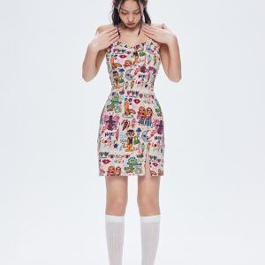 Graffiti Print Camisole Dress with Inner Skirt - Trendy Short Dress for Y2K and Street Style Fashion