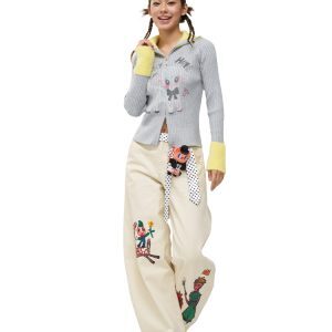 Gray and Yellow Cute Sheep Knitted Cardigan Sweater Coat - Cozy Artist Original Design, Perfect for Fall and Winter Fashion