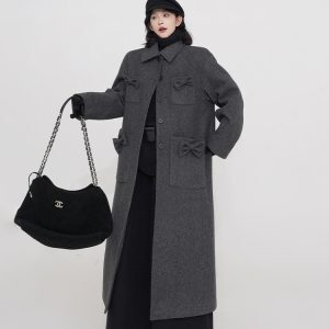 Gray Bow Tie Padded Thick Woolen Coat for Women - High-End Loose Design, Korean Style, Perfect for Autumn and Winter Fashion