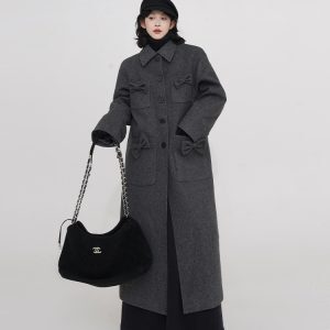 Gray Bow Tie Padded Thick Woolen Coat for Women - High-End Loose Design, Korean Style, Perfect for Autumn and Winter Fashion