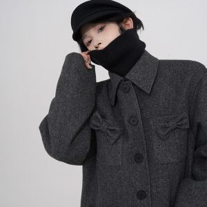 Gray Bow Tie Padded Thick Woolen Coat for Women - High-End Loose Design, Korean Style, Perfect for Autumn and Winter Fashion
