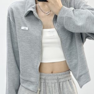 Gray Cropped Double Zipper Sweatshirt for Women - Spring Jazz Dance Short Jacket, Casual Sports Top, European and American Style