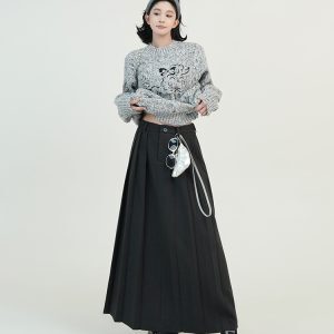 Gray Draped High-Waisted A-Line Midi Skirt for Women - Autumn Winter Korean Style Loose Versatile Pleated Knee-Length Skirt