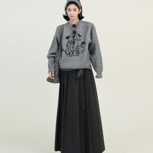 Gray Draped High-Waisted A-Line Midi Skirt for Women - Autumn Winter Korean Style Loose Versatile Pleated Knee-Length Skirt