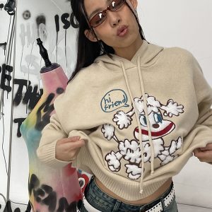 Gray Embroidered Sheep Doll Pullover Hoodie - Loose Knit Sweater, Y2K Style, Cozy Casual Fashion