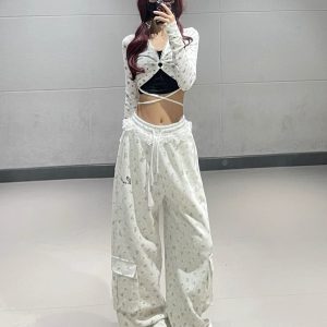 Gray Floral Lace Trim Spliced Sweatpants for Women - Autumn Winter Dance Outfit Inspired by 90s and Y2K Style