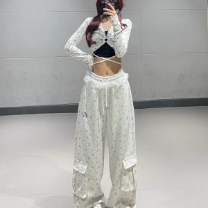 Gray Floral Lace Trim Spliced Sweatpants for Women - Autumn Winter Dance Outfit Inspired by 90s and Y2K Style