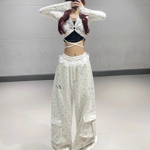 Gray Floral Lace Trim Spliced Sweatpants for Women - Autumn Winter Dance Outfit Inspired by 90s and Y2K Style