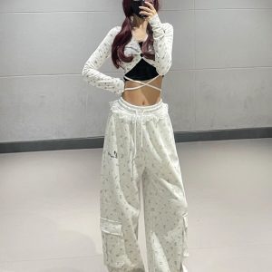 Gray Floral Lace Trim Spliced Sweatpants for Women - Autumn Winter Dance Outfit Inspired by 90s and Y2K Style