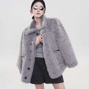Gray Fluffy Collar Reversible Long Sleeve Coat for Women - Winter Korean Style High-End Loose Warm Outerwear
