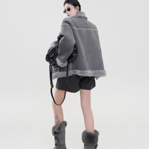 Gray Fluffy Collar Reversible Long Sleeve Coat for Women - Winter Korean Style High-End Loose Warm Outerwear