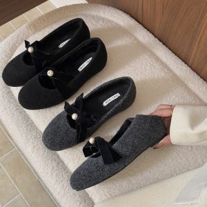 Gray High-Heeled Mary Jane Shoes with French Bow - Elegant Fluffy Footwear for Autumn/Winter, Perfect for Skirts and Evening Wear