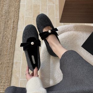 Gray High-Heeled Mary Jane Shoes with French Bow - Elegant Fluffy Footwear for Autumn/Winter, Perfect for Skirts and Evening Wear