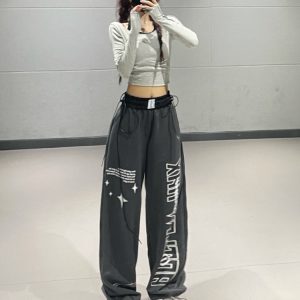 Gray Letter Print Straight-Leg Sports Pants for Women - 2023 Autumn Winter Korean Style Trendy Street Dance Jazz Pants
