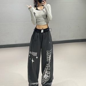 Gray Letter Print Straight-Leg Sports Pants for Women - 2023 Autumn Winter Korean Style Trendy Street Dance Jazz Pants