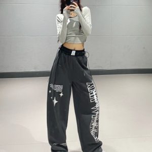 Gray Letter Print Straight-Leg Sports Pants for Women - 2023 Autumn Winter Korean Style Trendy Street Dance Jazz Pants