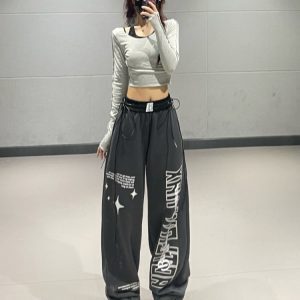 Gray Letter Print Straight-Leg Sports Pants for Women - 2023 Autumn Winter Korean Style Trendy Street Dance Jazz Pants