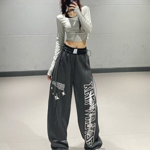 Gray Letter Print Straight-Leg Sports Pants for Women - 2023 Autumn Winter Korean Style Trendy Street Dance Jazz Pants