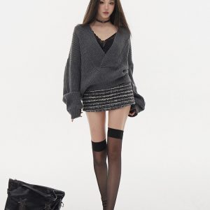 Gray Oversized Bat Sleeve Knit Sweater - Simple High-End Fashion Top for Effortless Style
