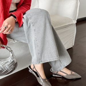 Gray Pointed Toe V-Shaped Mouth Sandals - Low-Heeled Metal Accent Genuine Leather Women's Shoes - Summer Korean Style Fashion