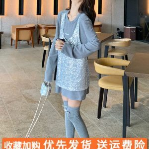 Gray Sequin Two-Piece T-Shirt Dress for Women - 2025 Spring Autumn Trendy Outfit, Stylish Layered Look