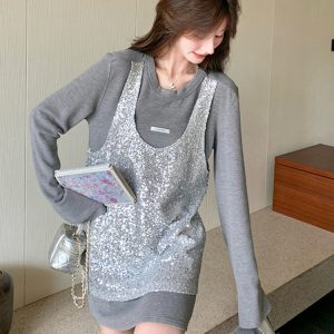 Gray Sequin Two-Piece T-Shirt Dress for Women - 2025 Spring Autumn Trendy Outfit, Stylish Layered Look