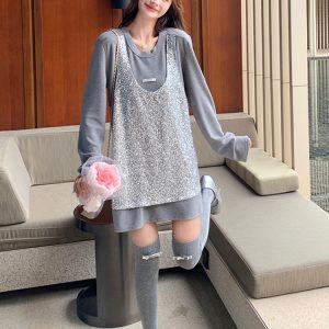 Gray Sequin Two-Piece T-Shirt Dress for Women - 2025 Spring Autumn Trendy Outfit, Stylish Layered Look