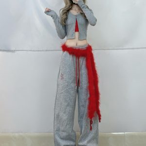 Gray Short Cardigan and Color Block Wide-Leg Sports Pants Set for Women - Jazz Dance Outfit, Y2K Inspired Activewear