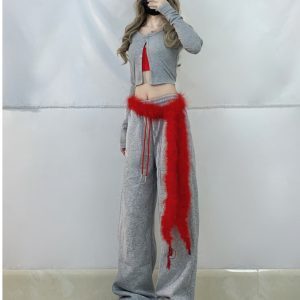 Gray Short Cardigan and Color Block Wide-Leg Sports Pants Set for Women - Jazz Dance Outfit, Y2K Inspired Activewear