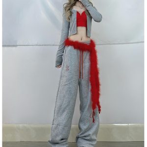 Gray Short Cardigan and Color Block Wide-Leg Sports Pants Set for Women - Jazz Dance Outfit, Y2K Inspired Activewear