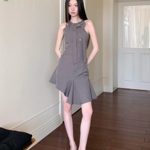 Gray Sleeveless Backless Dress with Bow Tie, Ruched Fitted Summer Dress with Irregular Ruffles, Stylish Y2K Fashion
