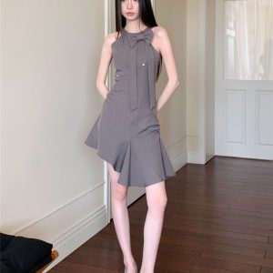 Gray Sleeveless Backless Dress with Bow Tie, Ruched Fitted Summer Dress with Irregular Ruffles, Stylish Y2K Fashion