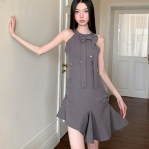 Gray Sleeveless Backless Dress with Bow Tie, Ruched Fitted Summer Dress with Irregular Ruffles, Stylish Y2K Fashion