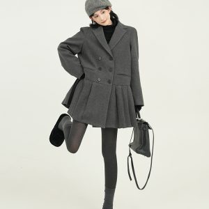 Gray Thickened Lapel Long-Sleeve Suit Dress for Women - Korean Style, Loose Fit, Autumn Winter Woolen Short Skirt
