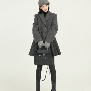 Gray Thickened Lapel Long-Sleeve Suit Dress for Women - Korean Style, Loose Fit, Autumn Winter Woolen Short Skirt