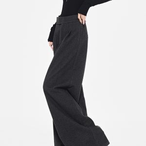 Gray Thickened Wide-Leg Suit Pants for Women with Velcro Design - Loose Fit Floor-Length Trousers for Autumn/Winter Fashion
