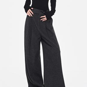 Gray Thickened Wide-Leg Suit Pants for Women with Velcro Design - Loose Fit Floor-Length Trousers for Autumn/Winter Fashion