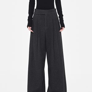 Gray Thickened Wide-Leg Suit Pants for Women with Velcro Design - Loose Fit Floor-Length Trousers for Autumn/Winter Fashion