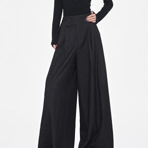 Gray Wide-Leg Suit Pants for Women with Diagonal Button Design, Versatile Loose Fit, Slimming, Floor-Length - Trendy Spring Fashion