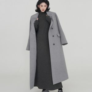 Gray Woolen Long Sleeve Coat for Women - Suit Collar, Loose Fit, Thick Warm Overcoat, Korean Style, Autumn Winter Fashion